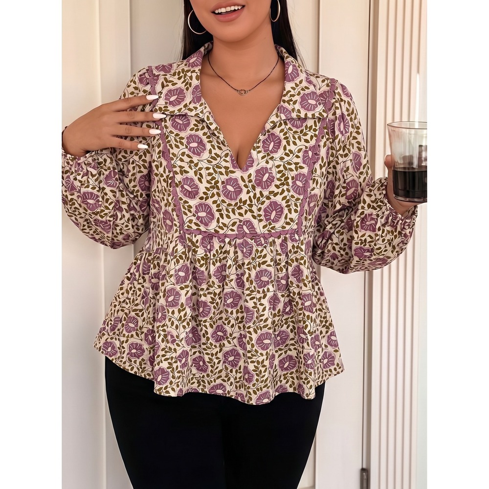 Chic Soul Floral Babydoll Top Women 1X Purple Olive Green Boho V-Neck Blouse
